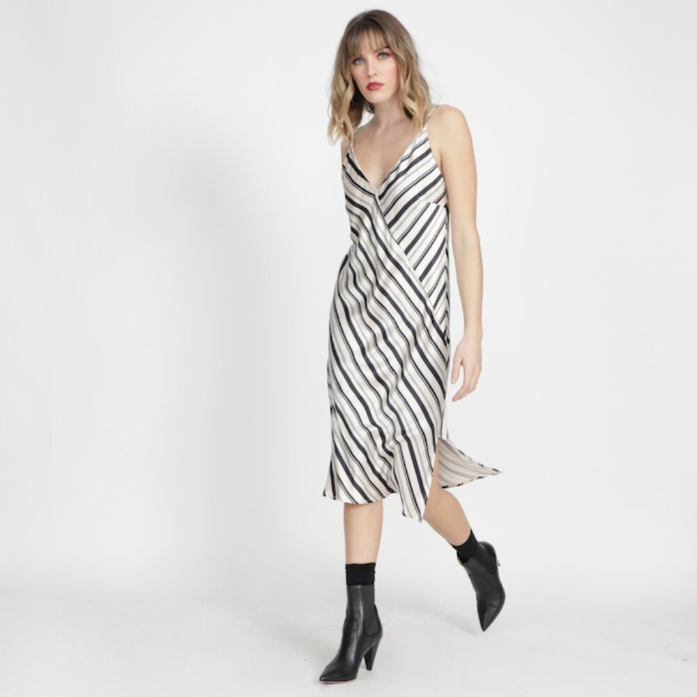 Gold Hawk Midi Stripe Cocktail Slip Dress *NWT*  in Ivory / Black     SMALL - Picture 2 of 10